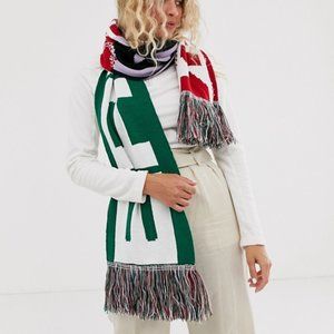 ASOS DESIGN logo print knitted scarf with tassels